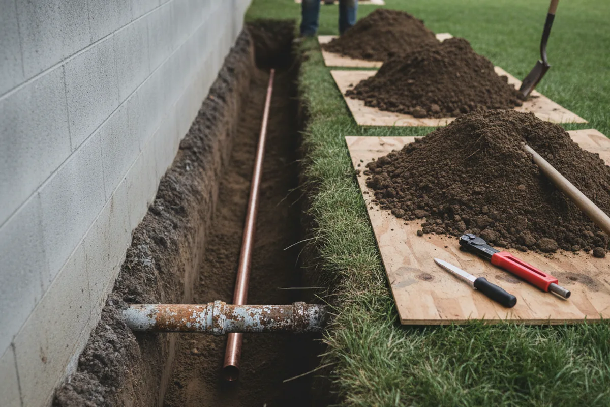 Excavated water line trench during Water Softener Installation in Bridgeville